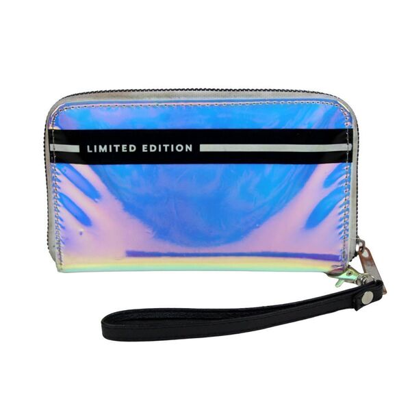 LIMITED EDITION MIRROR SILVER PVC ZIPPER CLUTCH WALLET ID CARD WRISTLET PURSE - Picture 1 of 10